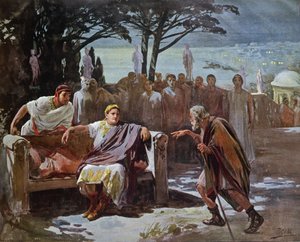 Chilon oskarżający chrześcijan o wzniecenie pożaru w Rzymie, ilustracja z „Quo vadis” Henryka Sienkiewicza (1846-1916) c.1910